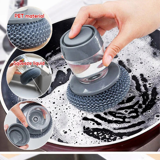 Kitchen Soap Dispensing Palm Brush – Automatic Filling Dish Scrubber with PET Bristles – Non-Scratch Cleaning Brush for Pots, Pans, and Sinks