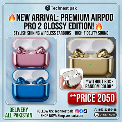 Premium AirPod Pro 2 Glossy Edition - Stylish Shining Wireless Earbuds with High-Fidelity Sound - Without Box - Random Color