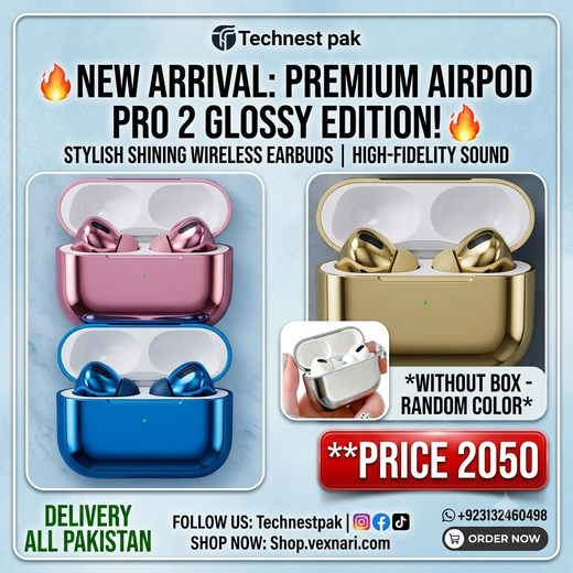 Premium AirPod Pro 2 Glossy Edition - Stylish Shining Wireless Earbuds with High-Fidelity Sound - Without Box - Random Color