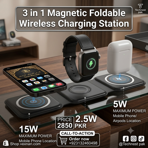3 in 1 Magnetic Foldable Wireless Charging Station 15W Fast Charger for iPhone, AirPods & Smartwatch