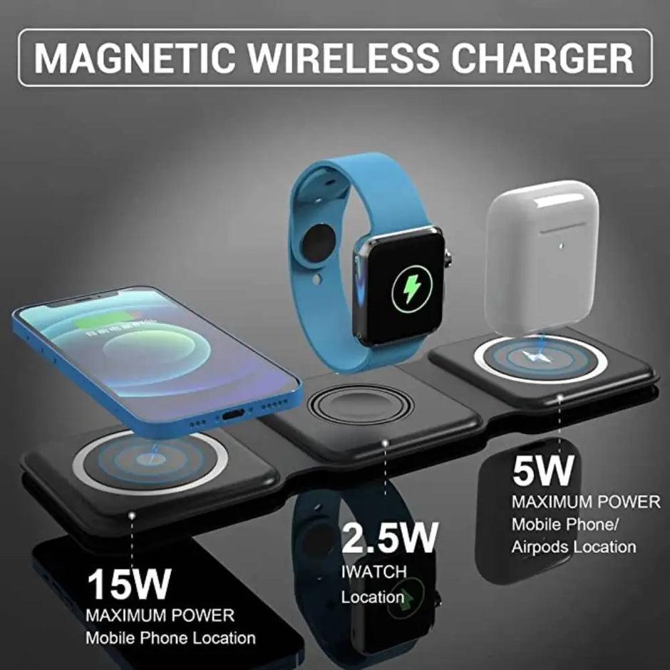 3 in 1 Magnetic Foldable Wireless Charging Station 15W Fast Charger for iPhone, AirPods & Smartwatch