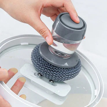 Kitchen Soap Dispensing Palm Brush – Automatic Filling Dish Scrubber with PET Bristles – Non-Scratch Cleaning Brush for Pots, Pans, and Sinks