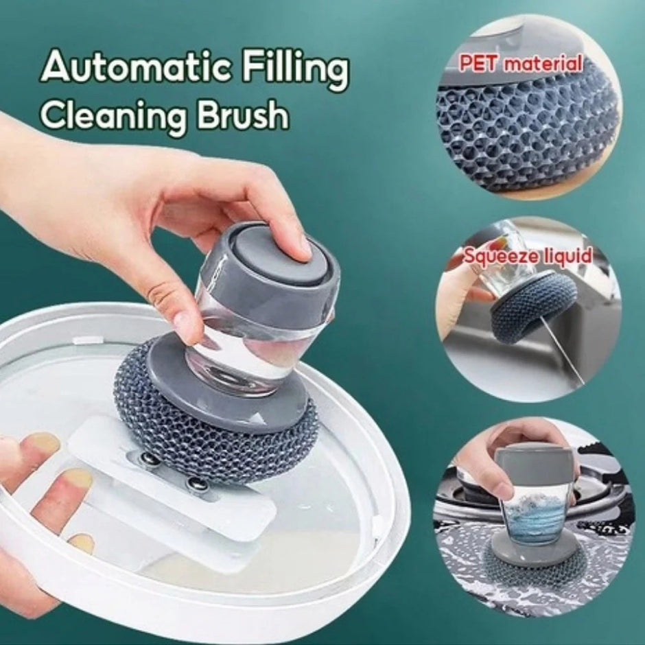Kitchen Soap Dispensing Palm Brush – Automatic Filling Dish Scrubber with PET Bristles – Non-Scratch Cleaning Brush for Pots, Pans, and Sinks