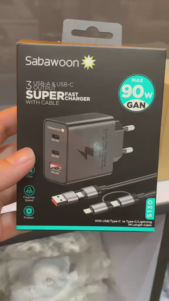 Sabawoon S130 90W GaN Super Fast Charger – 3 Port USB & Type-C Fast Charging Adapter with Cable
